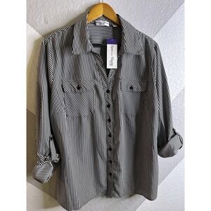 Rebecca Malone Womens Black & White Striped Button Up Long Sleeve Shirt 1X ~ NEW